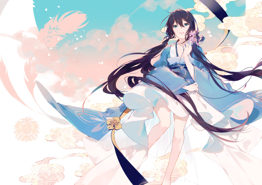 1girl absurdres bangs blue_eyes blue_sky blush brown_hair clouds commentary_request day feathers flower hair_between_eyes hair_flower hair_ornament hand_up highres holding japanese_clothes kimono long_hair long_sleeves looking_at_viewer miyuki_(miyuki0529) obi pink_flower sash see-through sky solo utau very_long_hair white_background white_kimono wide_sleeves xia_yu_yao