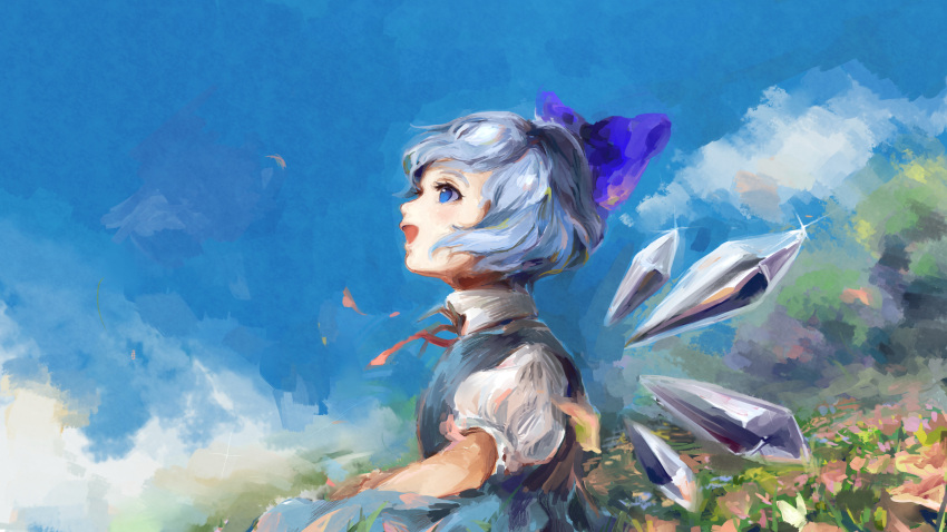 1girl absurdres blue_dress blue_eyes blue_hair blue_sky bow cirno clouds day dress faux_traditional_media field flower flower_field from_side glint hair_bow hand_on_lap high_collar highres koriori_(toppogi1112) looking_away neck_ribbon open_mouth outdoors petals pinafore_dress profile puffy_short_sleeves puffy_sleeves red_neckwear red_ribbon ribbon shirt short_hair short_sleeves sitting sky solo touhou tree white_shirt wind wind_lift wings
