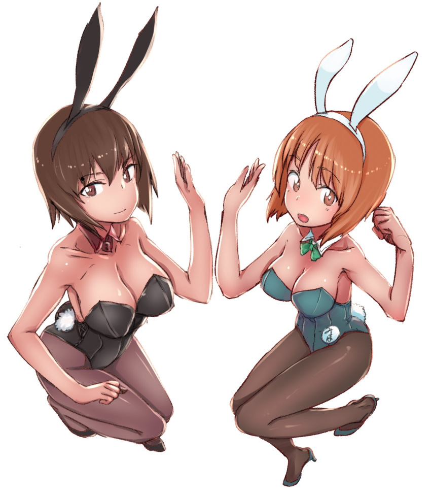 2girls abaratani_kurou animal_ears bangs black_footwear black_legwear black_leotard bow bowtie breasts bunny_tail bunnysuit character_name cleavage closed_mouth collar commentary detached_collar eyebrows_visible_through_hair fake_animal_ears fake_tail flats from_side full_body girls_und_panzer green_footwear green_leotard green_neckwear high_heels highres large_breasts legs leotard light_smile looking_at_viewer medium_breasts multiple_girls name_tag nishizumi_maho nishizumi_miho open_mouth pantyhose rabbit_ears red_collar short_hair siblings simple_background sisters smile standing standing_on_one_leg strapless strapless_leotard symmetrical_hand_pose tail white_background white_collar wing_collar