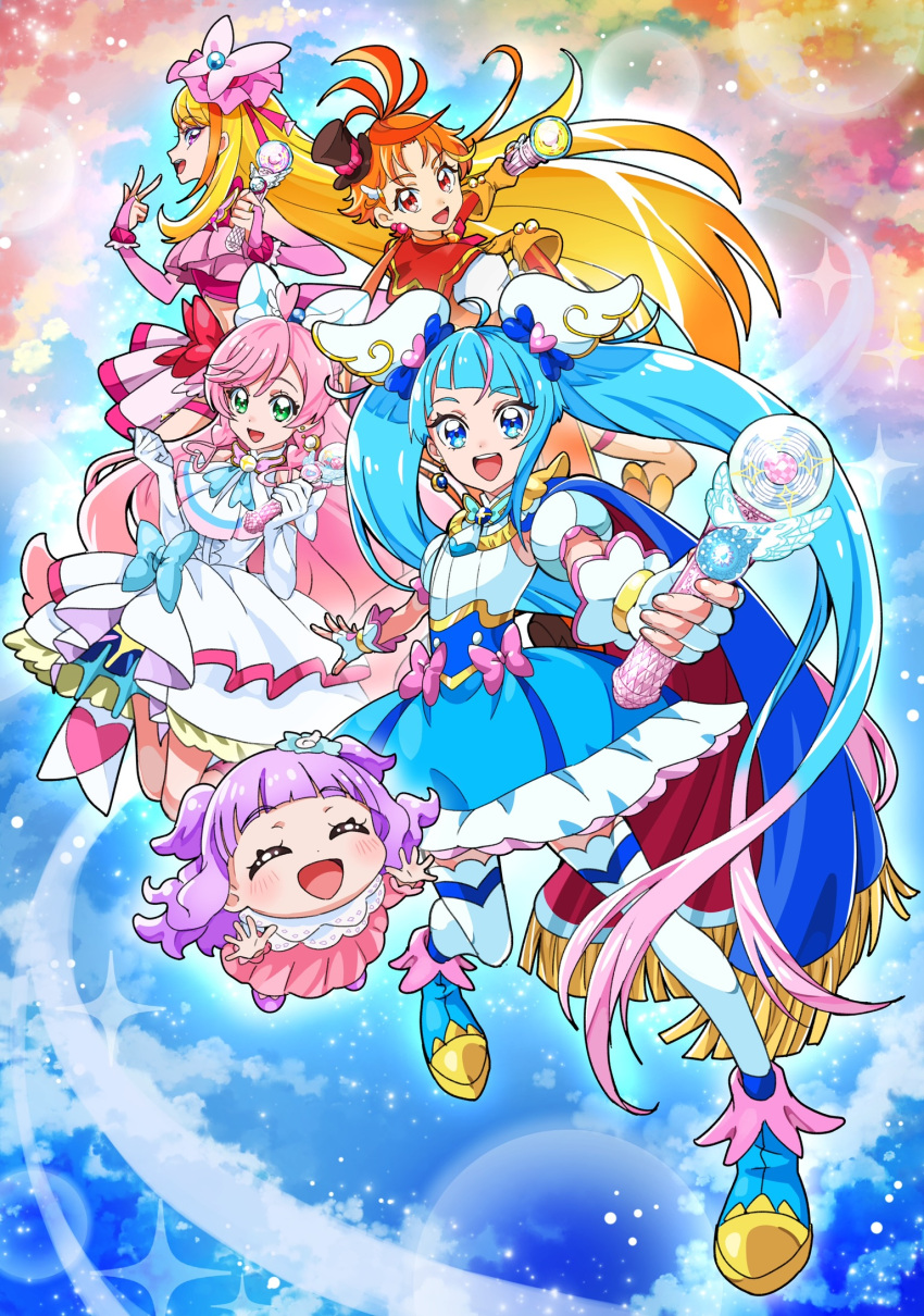 1boy 4girls :d ascot baby bangs big_hair black_headwear blonde_hair blue_cape blue_footwear blue_hair bow braid butterfly_hair_ornament cape closed_eyes clouds cloudy_sky commentary cure_butterfly cure_prism cure_sky cure_wing cut_bangs dress elbow_gloves ellee-chan fingerless_gloves floating foreshortening fringe_trim gloves green_eyes hair_bow hair_ornament hat highres hijiri_ageha hirogaru_sky!_precure holding holding_wand legs_up long_hair looking_at_viewer magical_girl midriff mini_hat mini_top_hat multicolored_hair multicolored_sky multiple_girls nijigaoka_mashiro open_mouth orange_hair pink_bow pink_gloves pink_hair pink_shirt pink_skirt precure purple_hair red_cape red_eyes shirt shoes short_dress skirt sky sky_mirage sleeveless sleeveless_dress smile sora_harewataru star_(sky) starry_sky streaked_hair thigh-highs tilted_headwear top_hat tsukikage_oyama twin_braids twintails two-sided_cape two-sided_fabric two-tone_hair very_long_hair violet_eyes wand white_ascot white_bow white_dress white_gloves white_thighhighs wing_hair_ornament