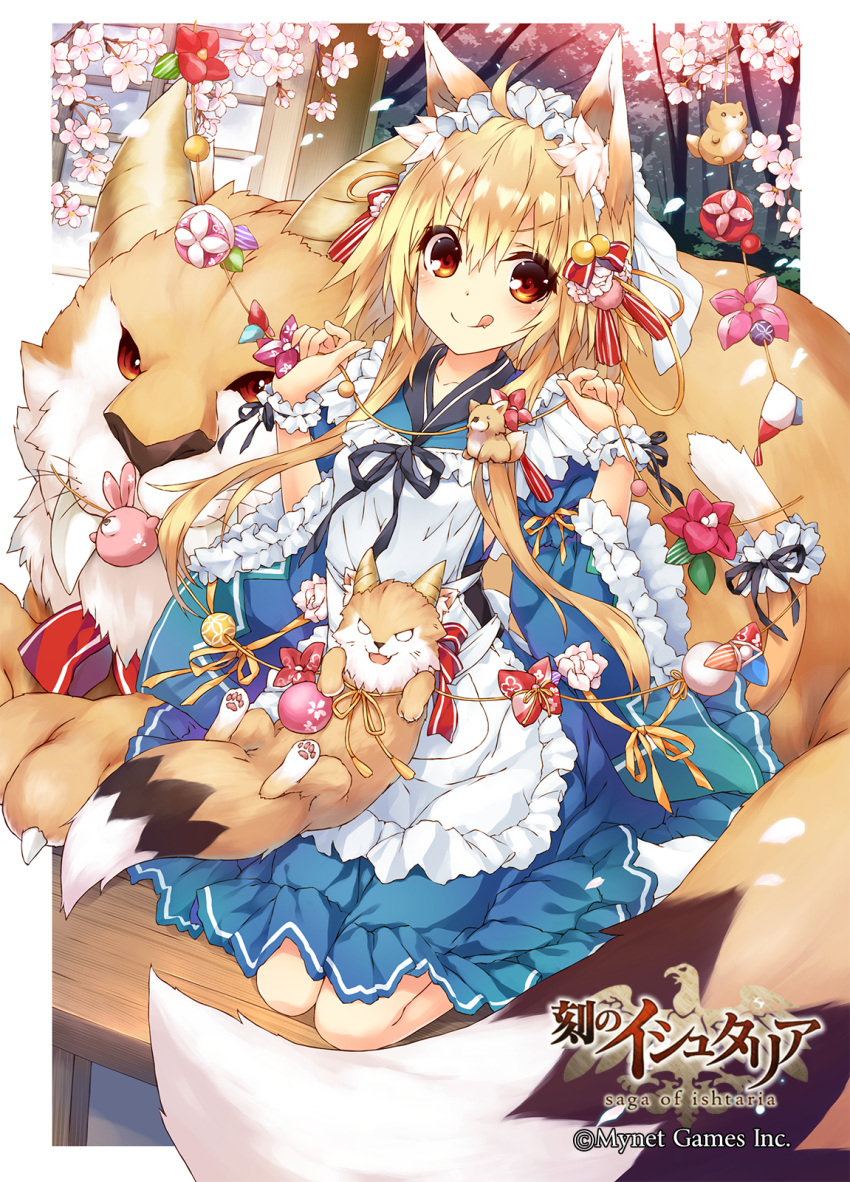 1girl :q age_of_ishtaria ahoge animal animal_ear_fluff animal_ears apron bangs black_ribbon blonde_hair blue_kimono cat_ears cat_girl cat_tail character_request closed_mouth copyright_name eyebrows_visible_through_hair fang fingernails flower frilled_apron frills hair_between_eyes hands_up highres holding horns japanese_clothes kimono long_hair long_sleeves looking_at_viewer maid_apron petals pink_flower red_eyes red_flower ribbon saeki_touma smile solo tail tongue tongue_out tree v-shaped_eyebrows very_long_hair watermark white_apron wide_sleeves