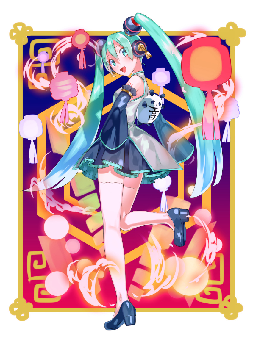 1girl :d alternate_costume aqua_hair black_skirt blue_eyes blue_footwear detached_sleeves eyebrows_visible_through_hair eyelashes frilled_skirt frills grey_shirt hagehiro hand_on_hip hatsune_miku headphones highres lantern leg_up loafers long_hair looking_at_viewer looking_back number_tattoo open_mouth outstretched_arm panda shirt shoes shoulder_tattoo skirt sleeveless sleeveless_shirt smile solo tattoo thigh-highs twintails very_long_hair vocaloid
