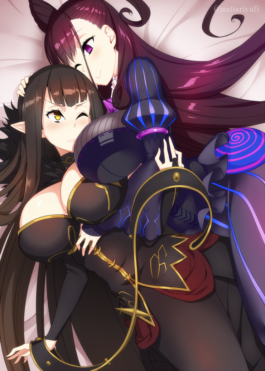 2girls artist_name breasts brown_eyes brown_hair cheek_press choker cleavage cleavage_cutout commentary_request double_bun dress fate/apocrypha fate/grand_order fate_(series) hand_on_another's_head head_on_chest highres large_breasts long_hair long_sleeves lying mattari_yufi multiple_girls murasaki_shikibu_(fate) on_back on_side one_eye_closed pointy_ears puffy_sleeves purple_hair semiramis_(fate) smile tight upper_body violet_eyes wide_sleeves