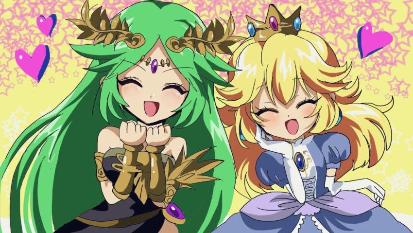 2girls black_dress blue_dress blue_hair closed_eyes commentary_request crown dress goddess green_hair highres kid_icarus super_mario_bros. moe multiple_girls nintendo open_mouth palutena princess princess_peach sora_(company) super_mario_bros. super_smash_bros. super_smash_bros_for_wii_u_and_3ds