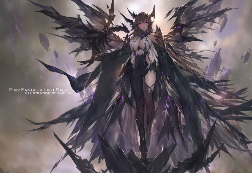 1girl :d artist_name asymmetrical_clothes bare_shoulders black_legwear breasts brown_hair cleavage commentary_request copyright_name creature dragon full_body highres horns large_breasts long_hair looking_at_viewer magic open_mouth pixiv_fantasia pixiv_fantasia_last_saga rock single_pantsleg single_thighhigh smile solo standing swd3e2 thigh-highs very_long_hair violet_eyes weapon wide_shot wings