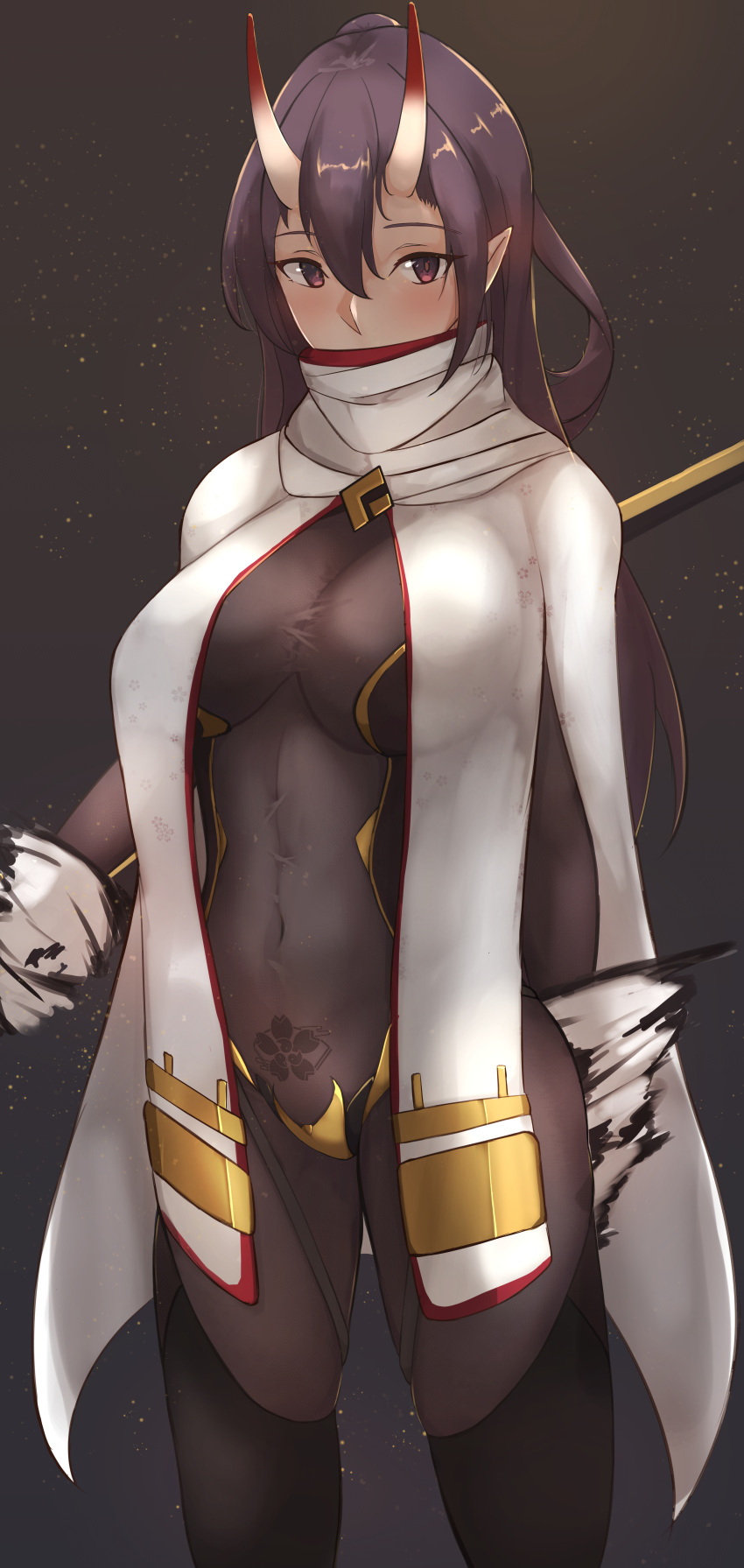 1girl absurdres arm_at_side azur_lane bangs black_background black_gloves black_hair blush bodystocking breasts cleavage cloak covered_mouth covered_navel cowboy_shot expressionless gloves hair_between_eyes hair_bun highres holding holding_staff izumo_(azur_lane) long_hair looking_at_viewer medium_breasts oni_horns pointy_ears pubic_tattoo scarf scarf_over_mouth skin_tight skindentation solo staff tattoo violet_eyes white_scarf wrist_cuffs yusha_(m-gata)