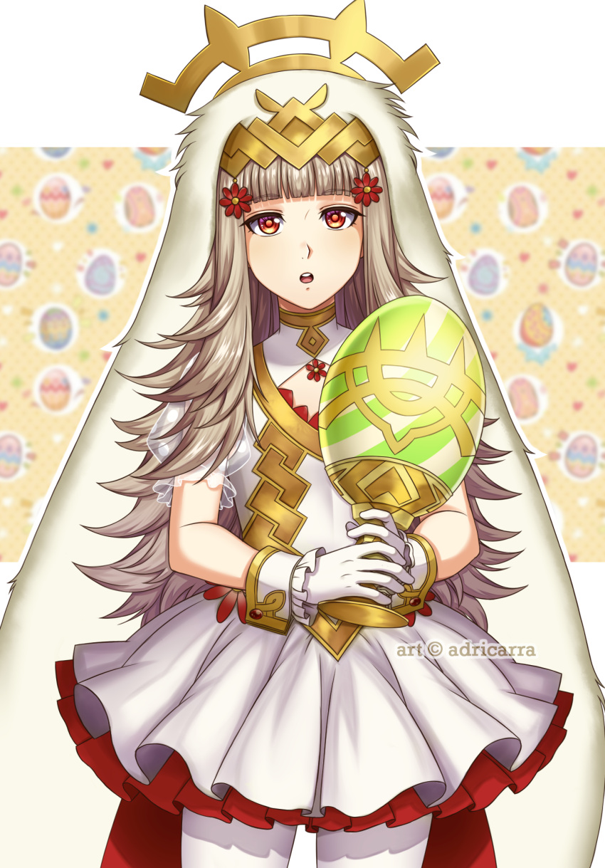 1girl adricarra animal_ears artist_name cleavage_cutout dress easter_egg egg fake_animal_ears fire_emblem fire_emblem_heroes flat_chest flower gloves grail grey_hair hair_flower hair_ornament highres holding long_hair nintendo parted_lips rabbit_ears red_eyes short_dress solo veronica_(fire_emblem) white_gloves white_legwear