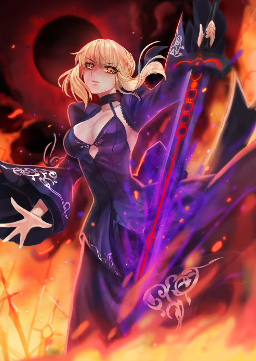 1girl absurdres artoria_pendragon_(all) blonde_hair braided_bun breasts cleavage dark_excalibur eyebrows_visible_through_hair fate/stay_night fate_(series) floating_hair highres holding holding_sword holding_weapon kuro_(ning2763) long_skirt long_sleeves looking_at_viewer medium_breasts outstretched_hand parted_lips pixiv_fate/grand_order_contest_2 print_shirt print_sleeves purple_shirt purple_skirt purple_sleeves saber_alter shirt shrug_(clothing) sideboob skirt sleeveless sleeveless_shirt smile solo standing sword weapon wide_sleeves yellow_eyes