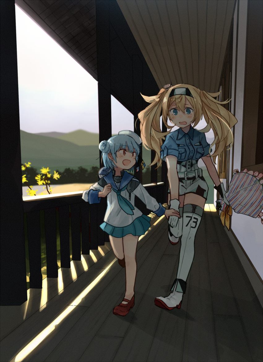 2girls :d annin_musou aqua_neckwear aqua_skirt blonde_hair blue_eyes blue_hair blue_sailor_collar blue_shirt bouquet breast_pocket brown_eyes buttons dixie_cup_hat double_bun eyebrows_visible_through_hair flower gambier_bay_(kantai_collection) gloves hair_between_eyes hat highres holding kantai_collection long_hair long_sleeves military_hat miniskirt multicolored multicolored_clothes multicolored_gloves multiple_girls neckerchief number open_mouth pleated_skirt pocket red_footwear sailor_collar samuel_b._roberts_(kantai_collection) school_uniform serafuku shirt shoes short_hair short_sleeves shorts skirt sleeve_cuffs smile tulip twintails white_headwear white_shorts