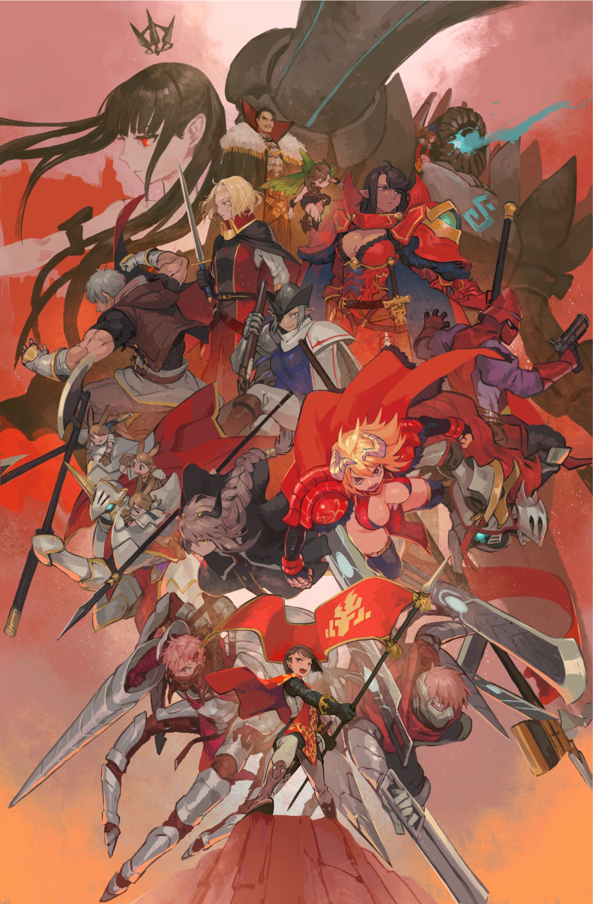 6+boys 6+girls :d absurdres akaneko_(redakanekocat) axe belt blonde_hair braid breasts brown_eyes brown_hair cape cleavage clenched_hand dark_skin dragon_horns extra_eyes eyepatch facial_hair fairy flag fur_trim greaves grey_hair grey_pants helmet highres holding holding_sword holding_weapon horns isabella_of_the_red_steel lance large_breasts mask multiple_boys multiple_girls muscle mustache myufrae open_mouth pants pink_hair pixiv_fantasia pixiv_fantasia_last_saga polearm red_armor red_background red_cape red_eyes smile spear standing sword twintails weapon