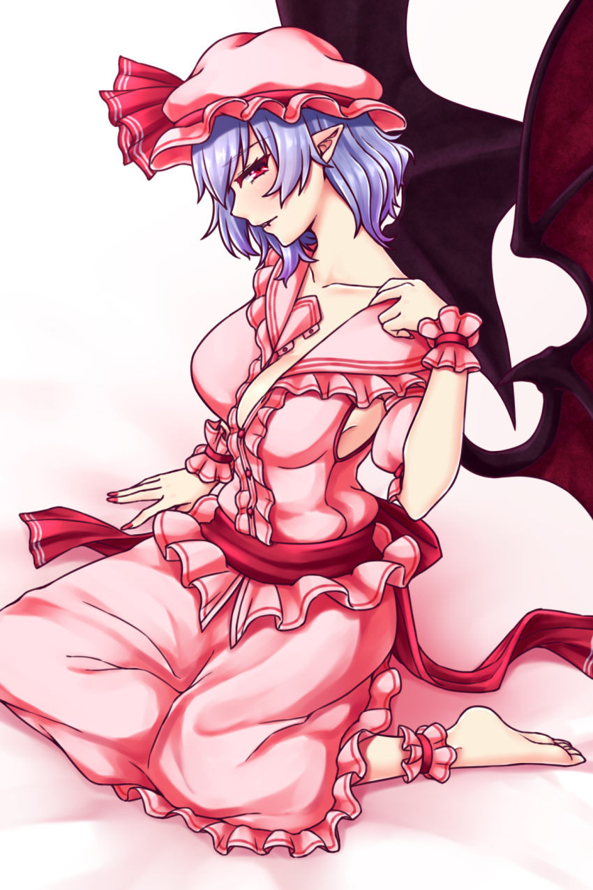 1girl ankle_cuffs bangs barefoot bat_wings bed_sheet blue_hair breasts center_frills collarbone commentary_request detached_sleeves dress eyebrows_visible_through_hair fang_out frilled_shirt_collar frills full_body hand_up hat hat_ribbon highres large_breasts looking_at_viewer mob_cap nail_polish older partially_unbuttoned pink_dress pink_headwear pointy_ears profile puffy_short_sleeves puffy_sleeves red_eyes red_nails red_ribbon red_sash remilia_scarlet ribbon short_hair short_sleeves sitting smile solo touhou wariza white_background wings wrist_cuffs zeramu
