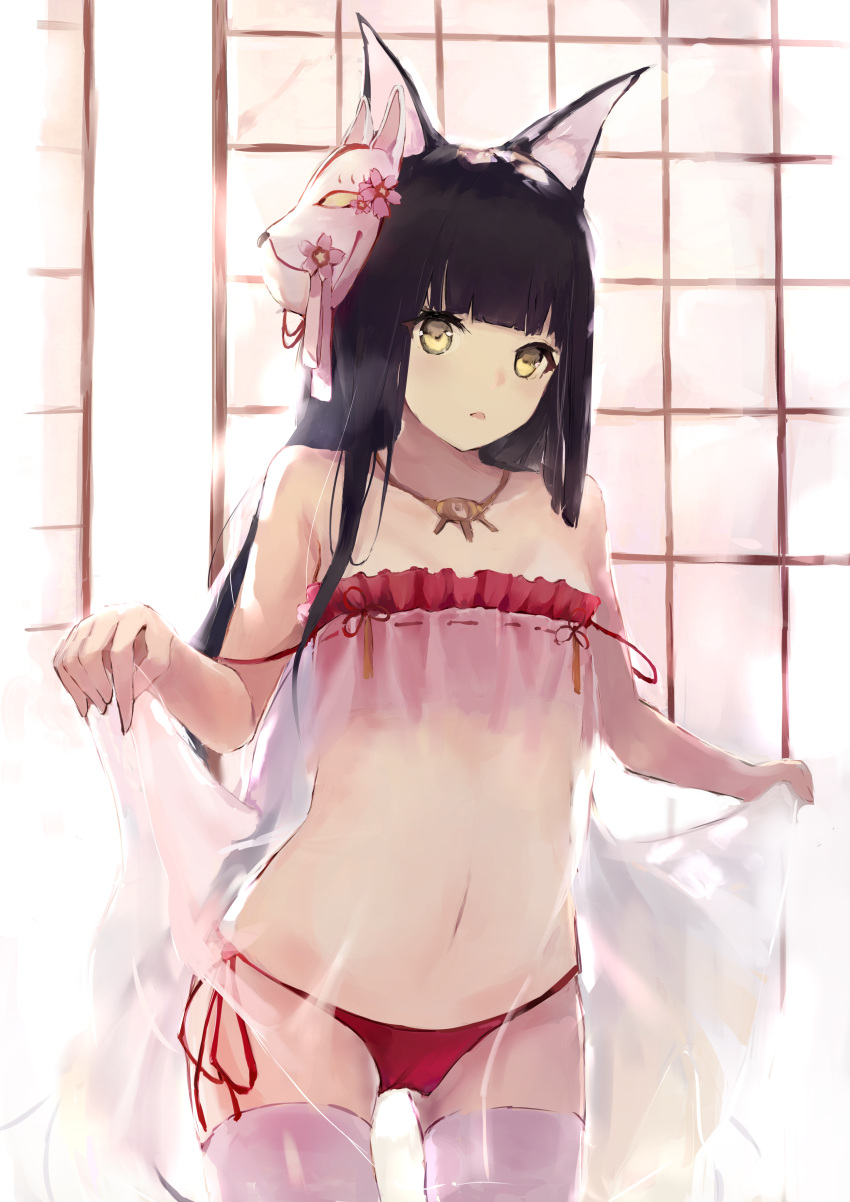 1girl absurdres animal_ear_fluff animal_ears azur_lane bare_arms bare_shoulders black_hair blush brown_eyes commentary_request cowboy_shot dress flower fox_ears fox_mask gluteal_fold hanagin highres indoors long_hair looking_at_viewer mask mask_on_head nagato_(azur_lane) navel panties parted_lips pink_flower red_panties see-through side-tie_panties solo standing strap_slip thigh-highs underwear very_long_hair white_dress white_legwear