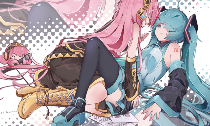 2girls ahoge bangs bare_shoulders belt black_legwear black_skirt blue_eyes blue_footwear blue_hair blue_neckwear blush boots closed_eyes commentary cross-laced_footwear detached_sleeves girl_on_top hair_ornament hair_over_one_eye hatsune_miku highres knee_boots long_hair long_sleeves lying_on_person megurine_luka multiple_girls nail_polish necktie pink_hair pleated_skirt shirt shoulder_tattoo skirt sleeveless sleeveless_shirt smile takoluka tattoo thigh-highs twintails very_long_hair vocaloid wanaxtuco white_shirt yellow_footwear yuri zettai_ryouiki