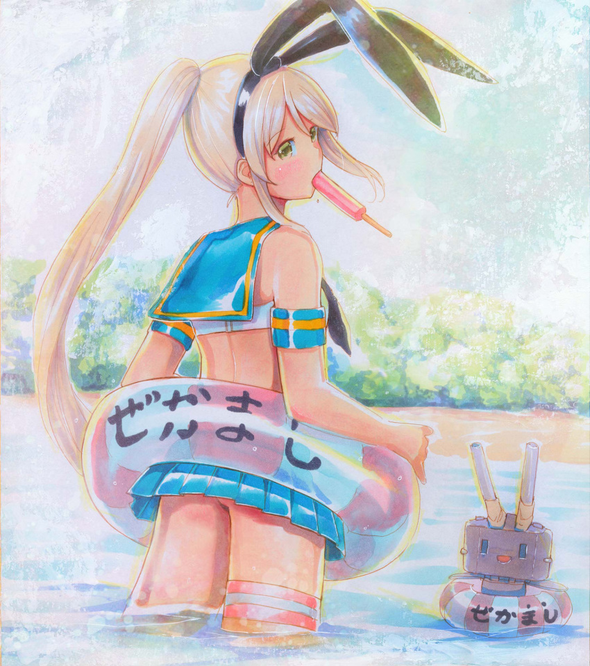 1girl animal_ears arm_strap asymmetrical_legwear black_hairband blue_sailor_collar blue_skirt character_name cowboy_shot day fake_animal_ears floating_hair hairband highres innertube kantai_collection long_hair marker_(medium) mayo_riyo miniskirt outdoors pleated_skirt rabbit_ears rensouhou-chan sailor_collar shimakaze_(kantai_collection) side_ponytail silver_hair skirt solo standing striped striped_legwear thigh-highs traditional_media very_long_hair wading white_bikini_top