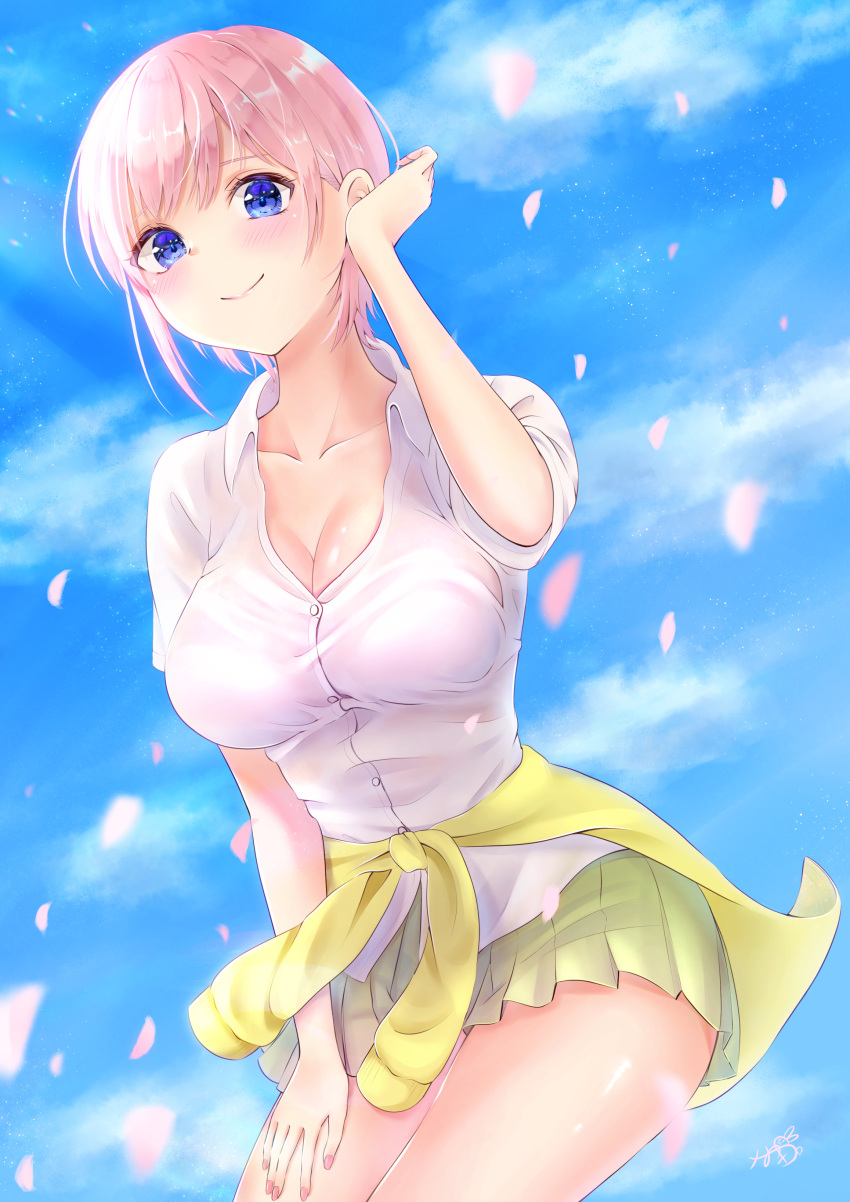1girl absurdres blue_eyes blue_sky blush breasts cherry_blossoms cleavage closed_mouth clouds collarbone collared_shirt dress_shirt falling_petals go-toubun_no_hanayome green_skirt highres large_breasts nakano_ichika pink_hair pleated_skirt shirt short_hair short_sleeves skirt sky smile sweater thighs tied_sweater user_fdgu5325 white_shirt yellow_sweater