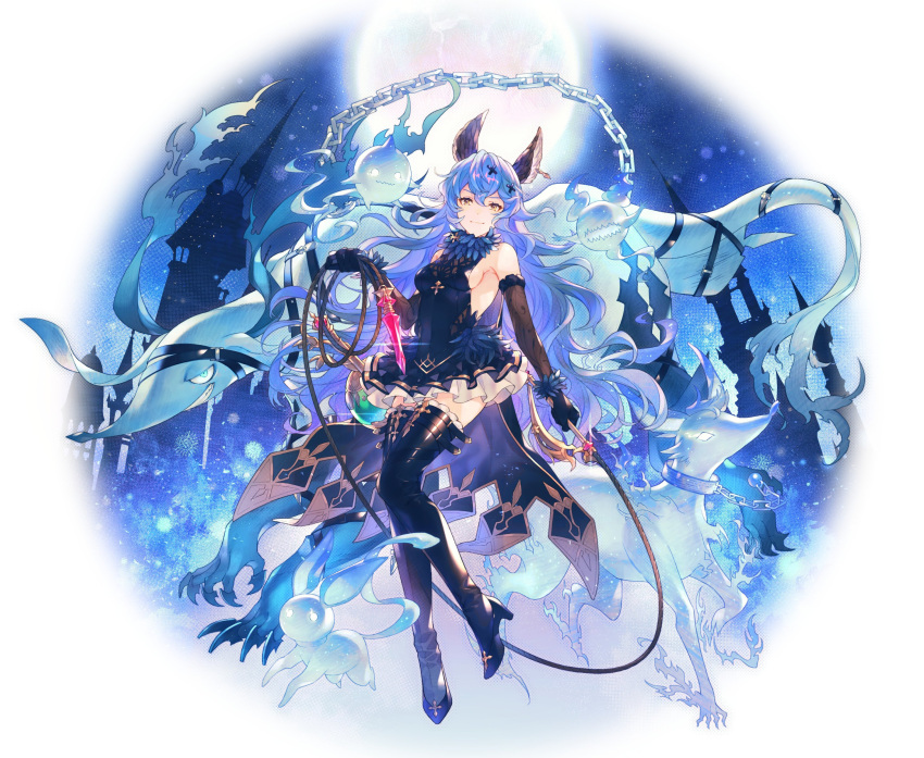 1girl absurdres animal_ears bare_shoulders black_gloves black_legwear blue_eyes breasts closed_mouth covered_navel dress earrings elbow_gloves erune ferry_(granblue_fantasy) full_body gloves granblue_fantasy hair_ornament high_heels highres jewelry long_hair looking_at_viewer o-ishi short_dress sideboob small_breasts smile solo thigh-highs thigh_strap very_long_hair whip yellow_eyes