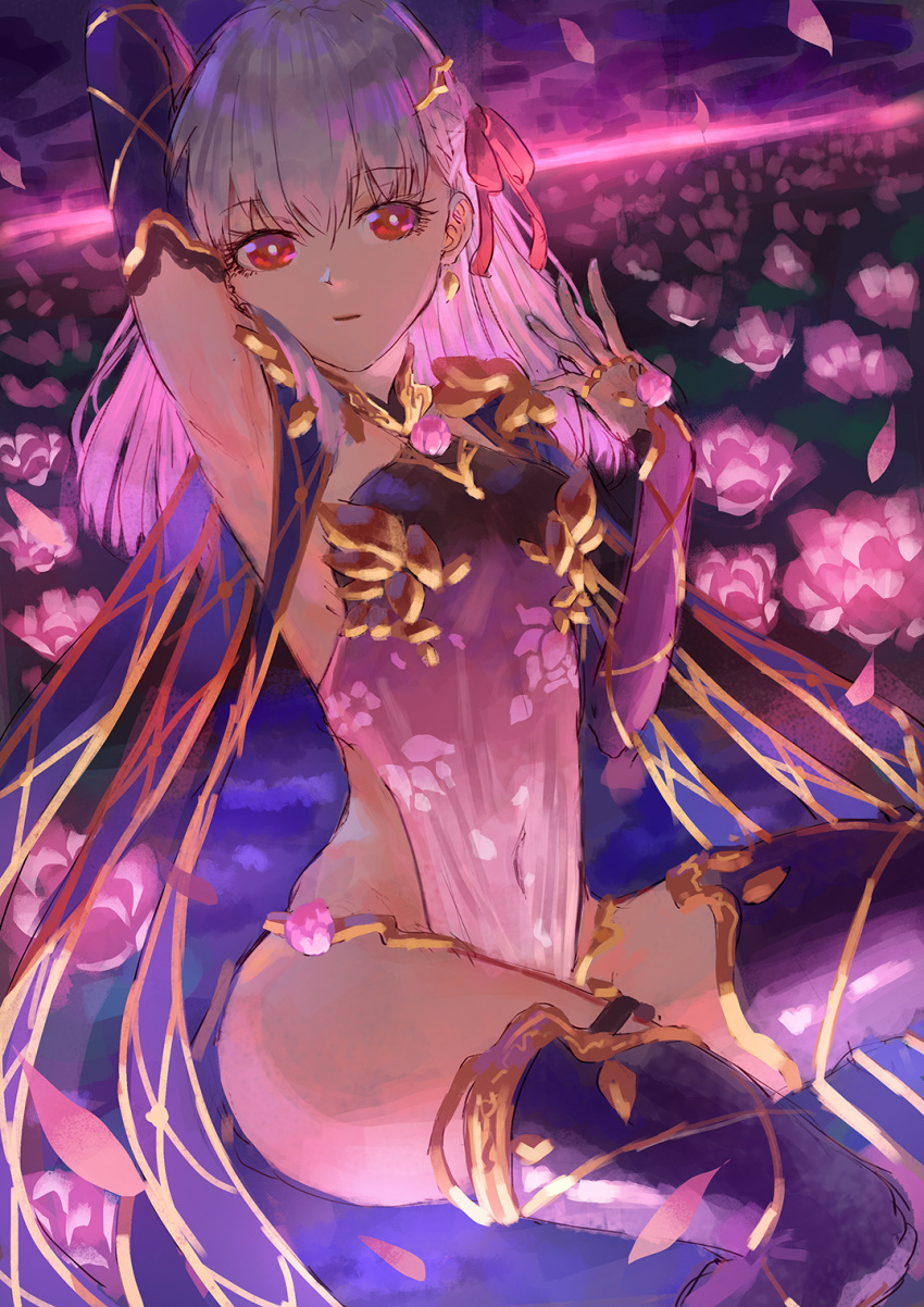 1girl aochoku bangs bare_shoulders breasts covered_navel detached_sleeves dress earrings fate/grand_order fate_(series) field flower flower_field hair_between_eyes hair_ribbon highres jewelry kama_(fate/grand_order) looking_at_viewer open_mouth purple_dress purple_legwear red_eyes ribbon ring short_hair silver_hair sitting small_breasts solo thigh-highs thighs