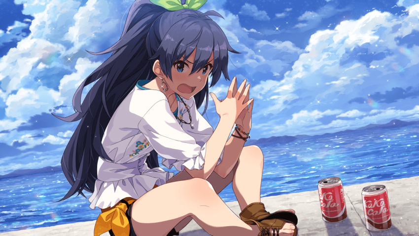 1girl angry black_hair blue_eyes bracelet brown_footwear buttons can clouds coca-cola concrete earrings ears eyebrows_visible_through_hair floral_print game_cg ganaha_hibiki green_ribbon hair_ribbon hoop_earrings idolmaster idolmaster_million_live! idolmaster_million_live!_theater_days jewelry long_hair looking_at_viewer mountain necklace ocean official_art open_mouth ribbon sandals shirt sky thighs toes water white_shirt