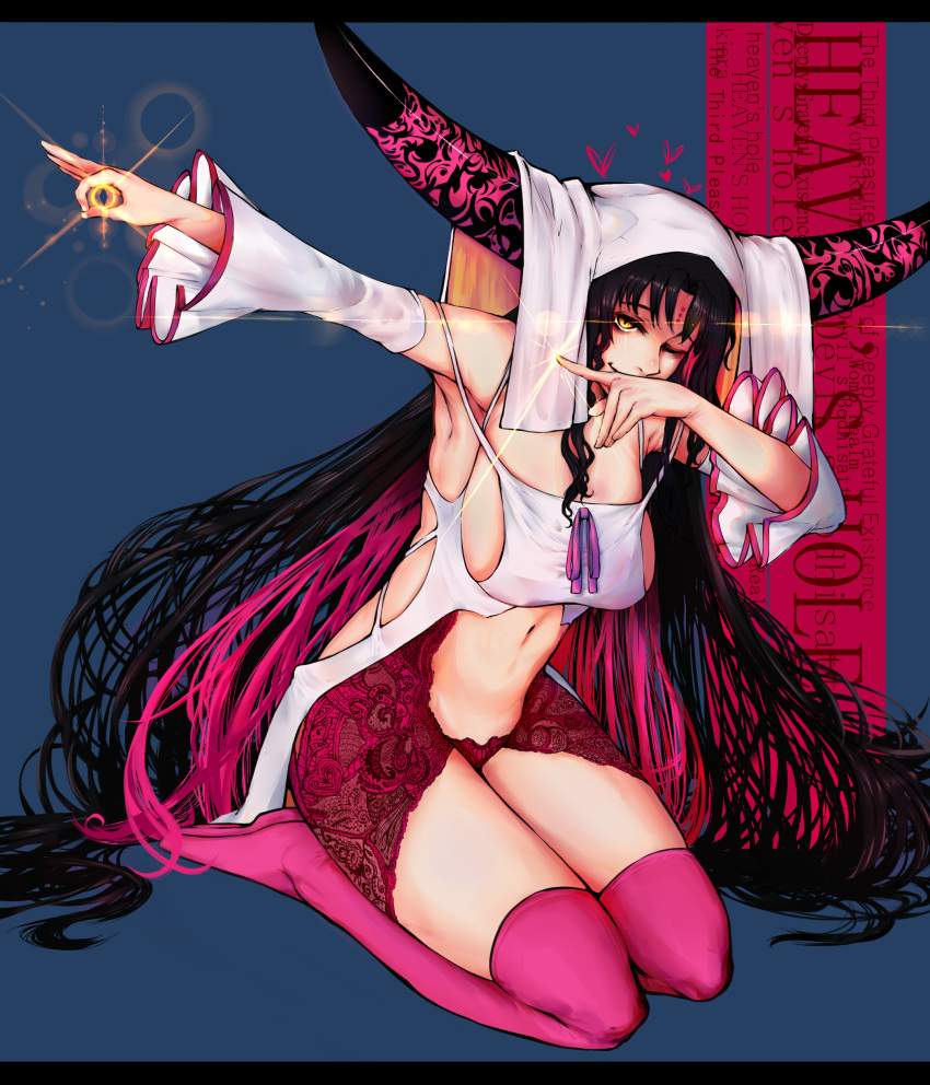 absurdres armpits black_hair breasts curly_hair dab_(dance) detached_sleeves dress fate/extra fate/extra_ccc fate/grand_order fate_(series) highres horns kneeling large_breasts legs lens_flare long_hair midriff mugo_(mugokii) ok_sign one_eye_closed pink_legwear pointing ribbon sesshouin_kiara sideboob simple_background tagme thigh-highs veil wavy_hair white_dress