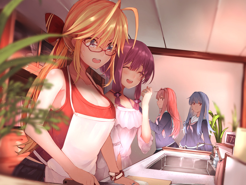 4girls :d ^_^ antenna_hair apron bangs bare_arms bare_shoulders black_serafuku black_shirt black_skirt blonde_hair blue_eyes blue_hair blunt_bangs blurry blush bow bra breasts cleavage clock closed_eyes closed_eyes collarbone commentary_request cooking cowboy_shot cutting_board depth_of_field dress faucet glasses hair_bow highres indoors jewelry kitchen kitchen_knife kotonoha_akane kotonoha_aoi large_breasts long_hair long_sleeves multiple_girls neckerchief off-shoulder_dress off_shoulder open_mouth plant ponytail potted_plant purple_bra red-framed_eyewear red_eyes red_neckwear red_skirt redhead ring round_teeth school_uniform serafuku shelf shirt short_hair_with_long_locks sidelocks sink skirt smile tank_top teeth tsurumaki_maki underwear upper_teeth voiceroid white_apron white_dress wristband yuzuki_yukari