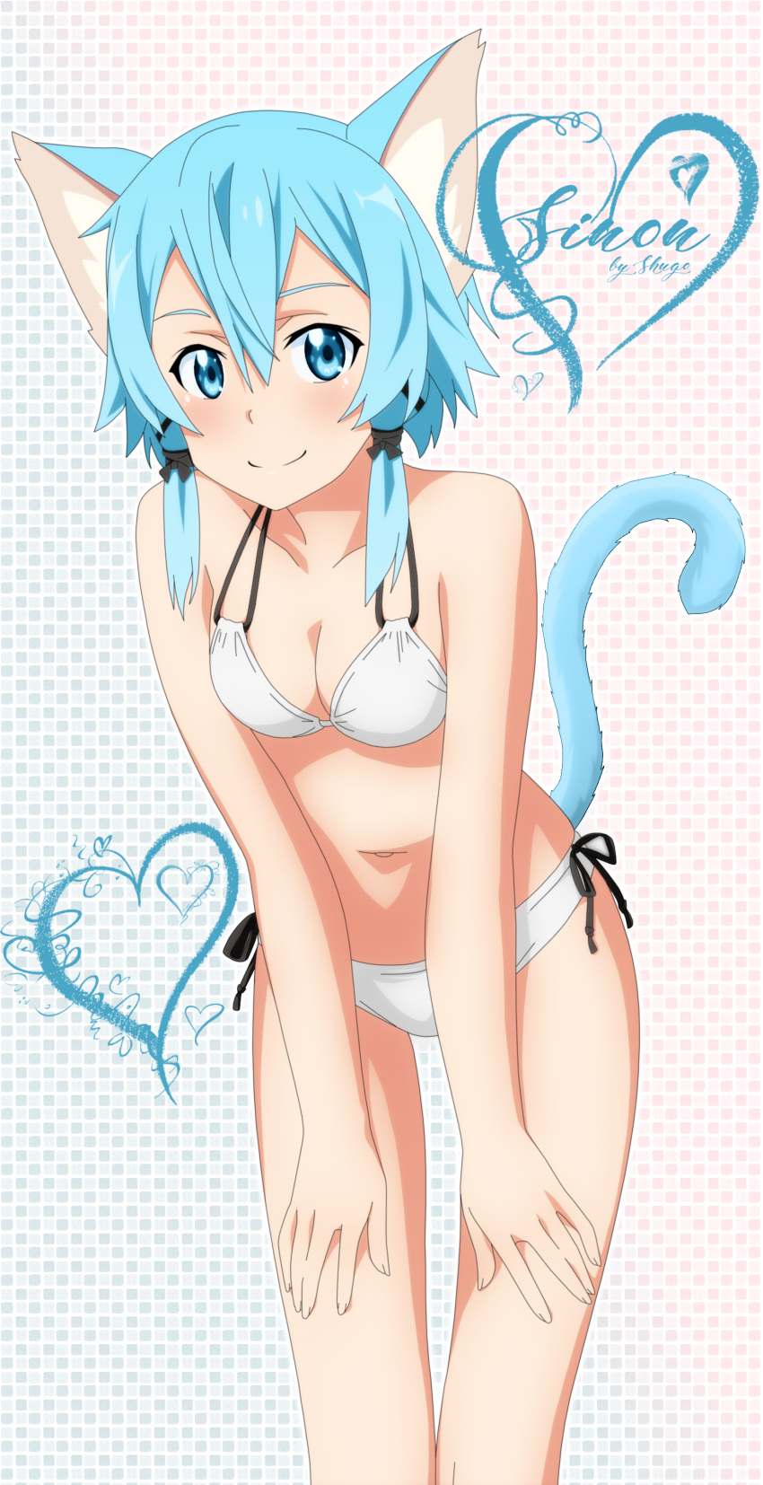1girl absurdres animal_ears artist_name bare_shoulders benjoerres bikini black_ribbon blue_eyes blue_hair blush breasts cat_ears cat_tail character_name cleavage collarbone commentary english_commentary feet_out_of_frame hair_between_eyes hair_ribbon heart highres looking_at_viewer medium_breasts navel ribbon short_hair short_hair_with_long_locks sidelocks sinon sinon_(sao-alo) smile solo swimsuit sword_art_online tail white_bikini