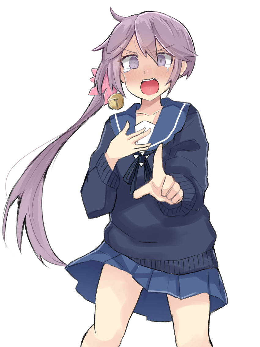 1girl absurdres akebono_(kantai_collection) bell black_sweater blue_sailor_collar blue_skirt commentary_request cowboy_shot dokuganryuu flower hair_bell hair_flower hair_ornament hand_on_own_chest highres index_finger_raised jingle_bell kantai_collection long_hair looking_at_viewer open_mouth pleated_skirt purple_hair round_teeth sailor_collar school_uniform serafuku side_ponytail simple_background skirt solo sweater tears teeth upper_teeth very_long_hair violet_eyes white_background