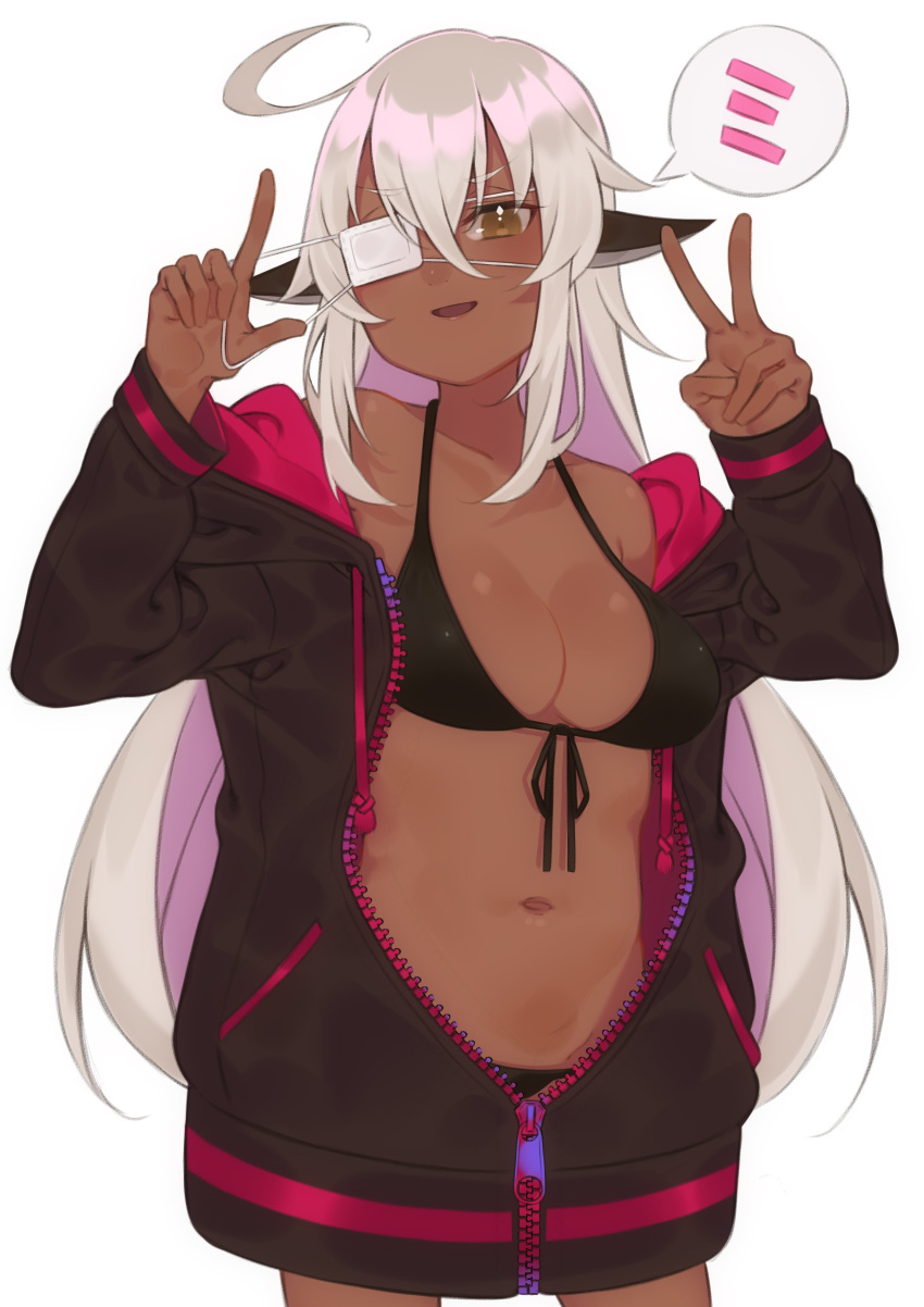 1girl absurdres bikini black_bikini black_jacket breasts character_request cleavage cowboy_shot dark_skin e_draw_paint eyebrows_visible_through_hair eyepatch eyepatch_pull front-tie_bikini front-tie_top full-length_zipper grey_hair hair_between_eyes highres hood hooded_jacket jacket large_breasts long_hair long_sleeves navel open_mouth original simple_background smile smug solo speech_bubble swimsuit unzipped v very_long_hair white_background yellow_eyes zipper zipper_pull_tab