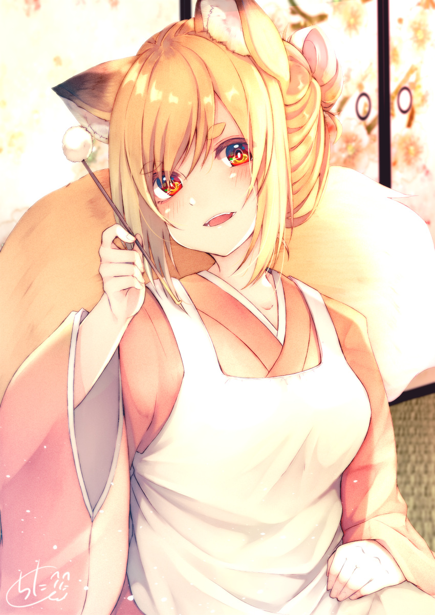 1girl :d animal_ear_fluff animal_ears apron bangs blurry blurry_background blush bow breasts brown_hair brown_kimono chita_(ketchup) collarbone commentary_request depth_of_field eyebrows_visible_through_hair fingernails fox_ears fox_girl fox_tail hair_between_eyes hair_bow hand_up head_tilt highres holding japanese_clothes kimono long_sleeves mimikaki open_mouth original red_eyes short_eyebrows sidelocks signature sleeves_past_wrists small_breasts smile solo tail tail_raised thick_eyebrows white_apron white_bow wide_sleeves