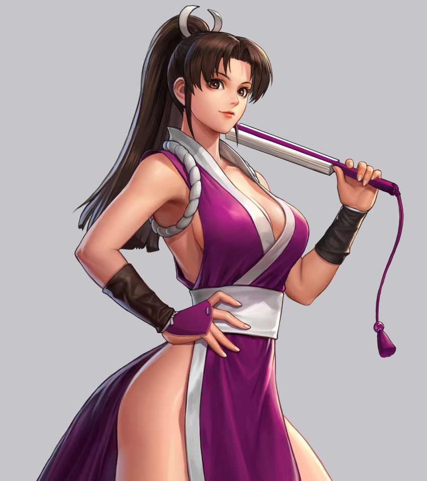 1girl alternate_color armpits artist_request bangs bare_shoulders breasts brown_eyes brown_hair cleavage closed_fan closed_mouth fan fatal_fury fingernails folding_fan grey_background hand_on_hip high_ponytail highres holding large_breasts lips long_hair looking_at_viewer ninja official_art parted_bangs pelvic_curtain ponytail revealing_clothes shiranui_mai sideboob simple_background sleeveless smile solo the_king_of_fighters the_king_of_fighters_all-stars thighs