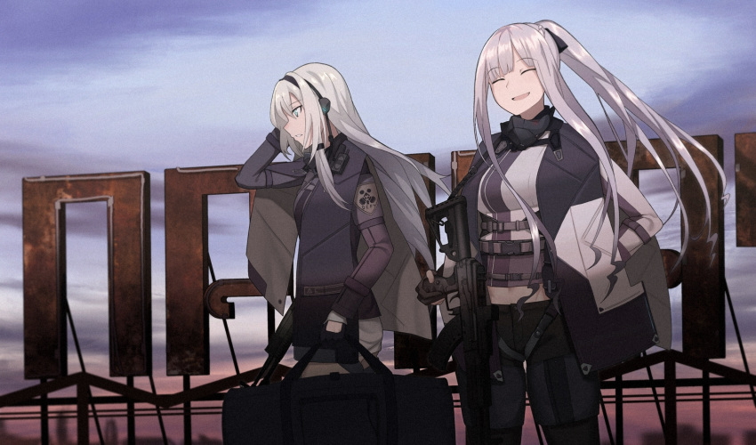 2girls ak-12 ak-12_(girls_frontline) an-94 an-94_(girls_frontline) assault_rifle bangs black_gloves blonde_hair blue_eyes boots braid breasts cero_(last2stage) closed_eyes eyebrows_visible_through_hair french_braid girls_frontline gloves gun hairband highres holding holding_gun holding_weapon jacket long_hair long_sleeves medium_breasts midriff military multiple_girls open_mouth outdoors ponytail rifle sidelocks silver_hair small_breasts smile standing very_long_hair weapon