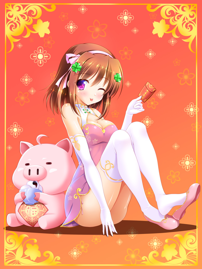 1girl ;p ahoge ass bangs bare_shoulders bashen_chenyue blush bowl breasts brown_hair chinese_new_year chinese_zodiac cleavage closed_mouth clover commentary_request dress elbow_gloves eyebrows_visible_through_hair four-leaf_clover gloves hair_between_eyes hair_ribbon hairband head_tilt highres holding holding_bowl medium_breasts mochi one_eye_closed original pig pink_dress pink_footwear pink_hairband pink_ribbon ribbon shoe_dangle shoes sleeveless sleeveless_dress smile solo thigh-highs tongue tongue_out white_gloves white_legwear year_of_the_pig