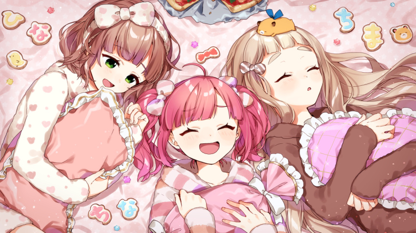 3girls :d :o ^_^ achikita_chinami bangs blush bow brown_hair brown_jacket character_request closed_eyes closed_eyes cookie diagonal_stripes eyebrows_visible_through_hair fingernails food frilled_pillow frills green_eyes hair_bow hairband hood hood_down hooded_jacket jacket light_brown_hair long_hair long_sleeves lying machita_chima multiple_girls nijisanji on_back on_side open_mouth parted_lips pillow pillow_hug pink_hair pizza short_shorts shorts sleeves_past_wrists slice_of_pizza smile striped striped_bow striped_jacket thick_eyebrows twintails very_long_hair virtual_youtuber white_hairband white_jacket white_shorts yamabukiiro