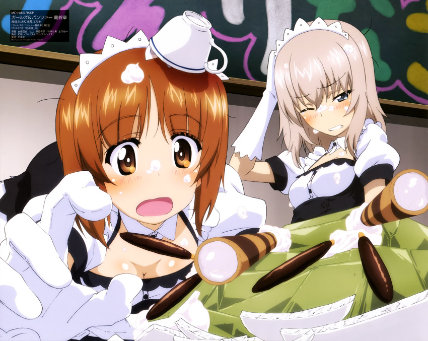 2girls absurdres alternate_costume bangs blush breasts broken_plate brown_hair chalkboard cleavage clenched_teeth cup elbow_gloves enmaided eyebrows_visible_through_hair gelatin girls_und_panzer gloves highres itsumi_erika light_brown_hair magazine_scan maid maid_headdress mc_axis medium_breasts medium_hair messy multiple_girls nishizumi_miho official_art one_eye_closed open_mouth puffy_sleeves scan shiny shiny_hair short_hair teacup teeth wavy_mouth white_gloves