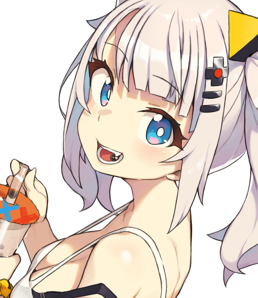 1girl :d black_bra blue_eyes blush bra breasts bright_pupils cleavage cloba collarbone drink eyebrows_visible_through_hair fangs food_in_mouth from_side hair_ornament hairclip highres kaguya_luna looking_at_viewer medium_breasts open_mouth scrunchie simple_background smile solo strap_gap strap_slip the_moon_studio twintails underwear upper_body white_background white_hair white_pupils wrist_scrunchie