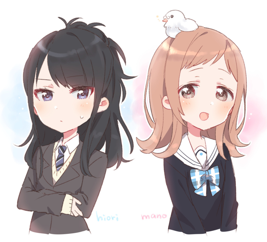 2girls :d absurdres animal animal_on_head bangs bird bird_on_head black_hair black_shirt blazer blue_bow blue_eyes blush bow brown_eyes brown_hair brown_sweater character_name closed_mouth collared_shirt cropped_torso diagonal-striped_neckwear diagonal_stripes eyebrows_visible_through_hair grey_jacket highres idolmaster idolmaster_shiny_colors jacket kazano_hiori long_hair long_sleeves multiple_girls necktie on_head open_mouth pigeon plaid plaid_bow sailor_collar sakuragi_mano shirt sleeves_past_wrists smile sorimachi-doufu striped striped_neckwear sweat sweater upper_body white_background white_sailor_collar white_shirt