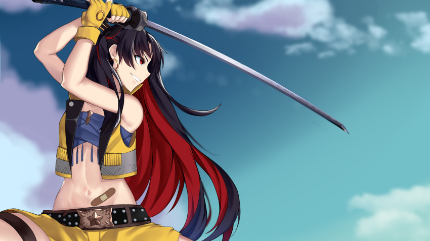 1girl bangs bare_shoulders belt black_hair blue_bandeau blue_sky breasts cropped_vest earrings fate/grand_order fate_(series) fingerless_gloves gloves grin hair_ribbon highres hoop_earrings ishtar_(fate) jewelry katana long_hair medium_breasts mrnn multicolored_hair navel parted_bangs red_eyes redhead ribbon short_shorts shorts sky smile space_ishtar_(fate) sword tiara two-tone_hair two_side_up vest weapon yellow_gloves yellow_shorts yellow_vest