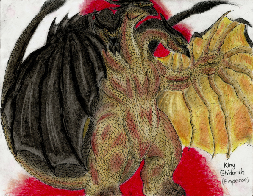 absurdres claws dragon dragon_horns dragon_tail dragon_wings fangs godzilla_(series) highres horns huge_filesize kaijuu king_ghidorah monster monsterkingofkarmen multiple_heads multiple_tails no_humans open_mouth red_eyes scales sharp_teeth solo solo_focus tail teeth traditional_media wings