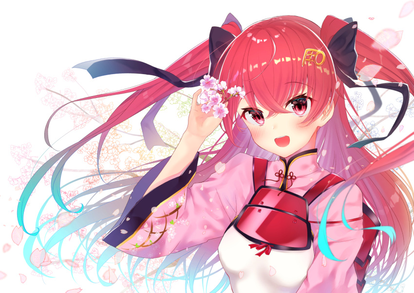 1girl :d bangs black_bow blush bow breasts character_request commentary_request dress eyebrows_visible_through_hair flower gyozanuko hair_between_eyes hair_bow head_tilt highres holding holding_flower long_hair long_sleeves open_mouth pink_dress purple_flower red_eyes redhead small_breasts smile solo tenka_hyakken tree_branch two_side_up upper_body very_long_hair white_background wide_sleeves