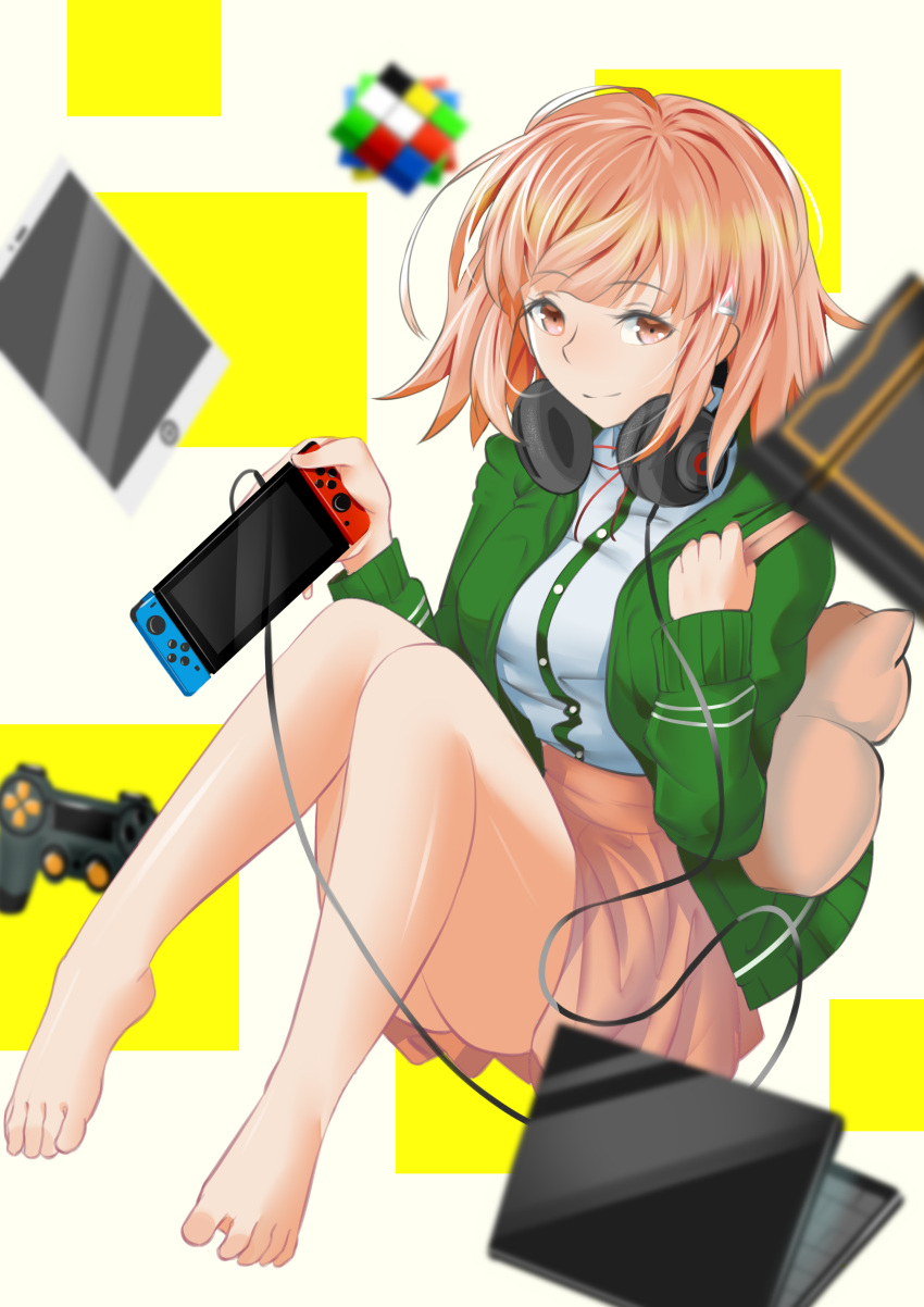 1girl absurdres ass backpack bag barefoot beige_skirt breasts brown_eyes brown_hair cat_bag commentary_request computer controller dangan_ronpa eyebrows_visible_through_hair flipped_hair full_body game_controller green_jacket hair_ornament hairclip handheld_game_console headphones highres holding jacket laptop light_brown_hair long_sleeves looking_at_viewer medium_breasts medium_hair nanami_chiaki nintendo_switch pink_backpack shirt skirt smile solo sunlon super_dangan_ronpa_2 tablet_pc white_shirt