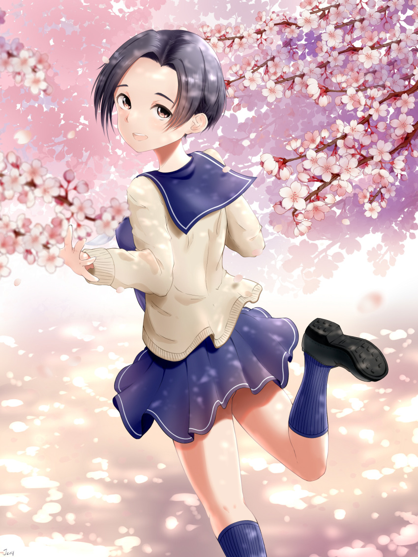 1girl absurdres arms_up black_footwear black_hair blue_legwear blue_sailor_collar blue_skirt blurry breasts brown_eyes cardigan cherry_blossoms dappled_sunlight day depth_of_field forehead from_above from_behind guxu highres kneehighs kobayakawa_rinko looking_at_viewer looking_back love_plus medium_breasts neckerchief open_hand open_mouth outdoors pleated_skirt running sailor_collar school_uniform serafuku short_hair skirt smile solo sunlight tree_branch white_neckwear