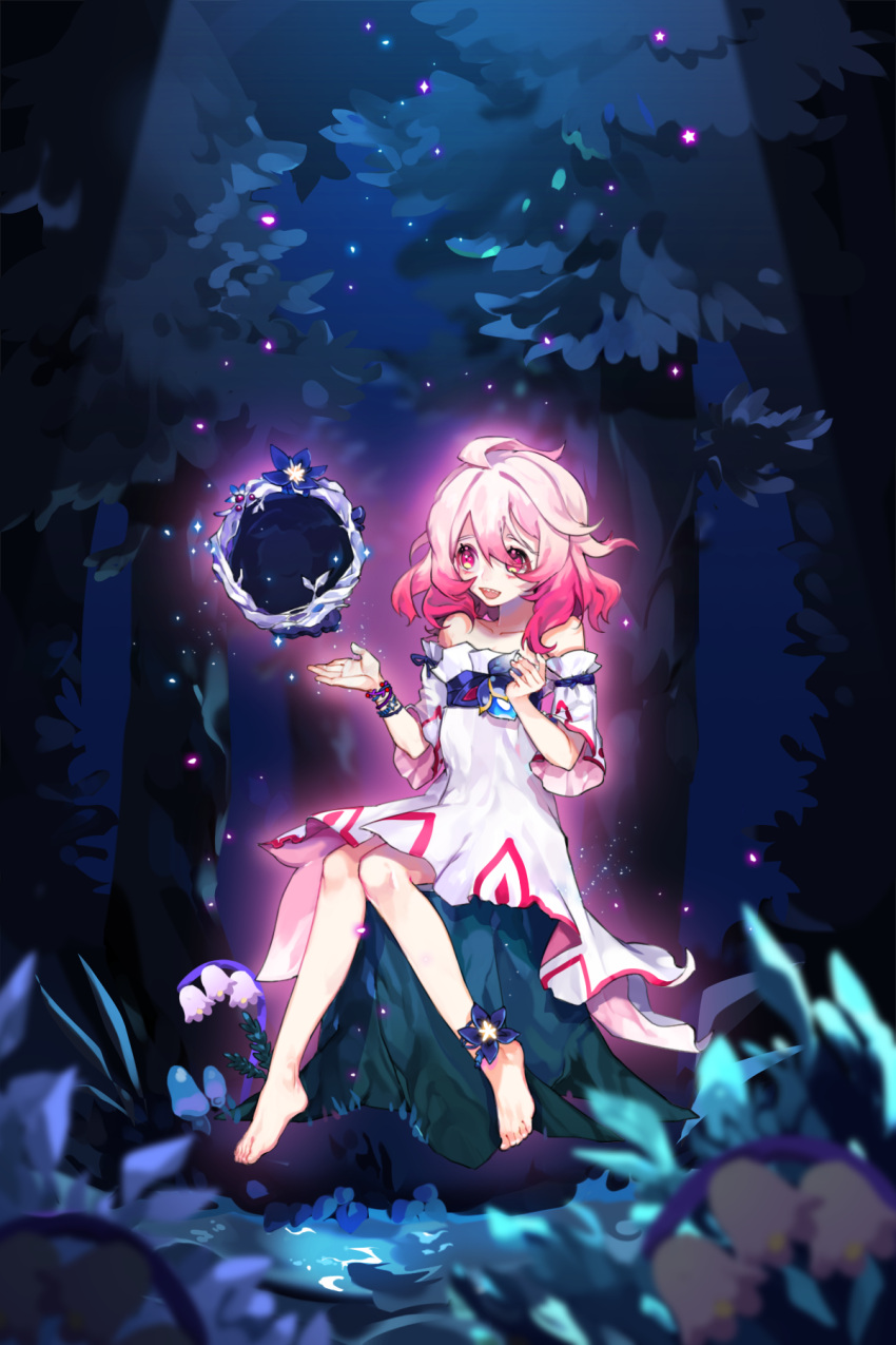1girl ahoge bare_shoulders collarbone commentary dress elsword flat_chest flower full_body hair_between_eyes highres laby_(elsword) long_hair night night_sky open_mouth outdoors pink_eyes pink_hair short_sleeves sitting sky softcr3am solo tree tree_branch white_dress white_flower wide_sleeves
