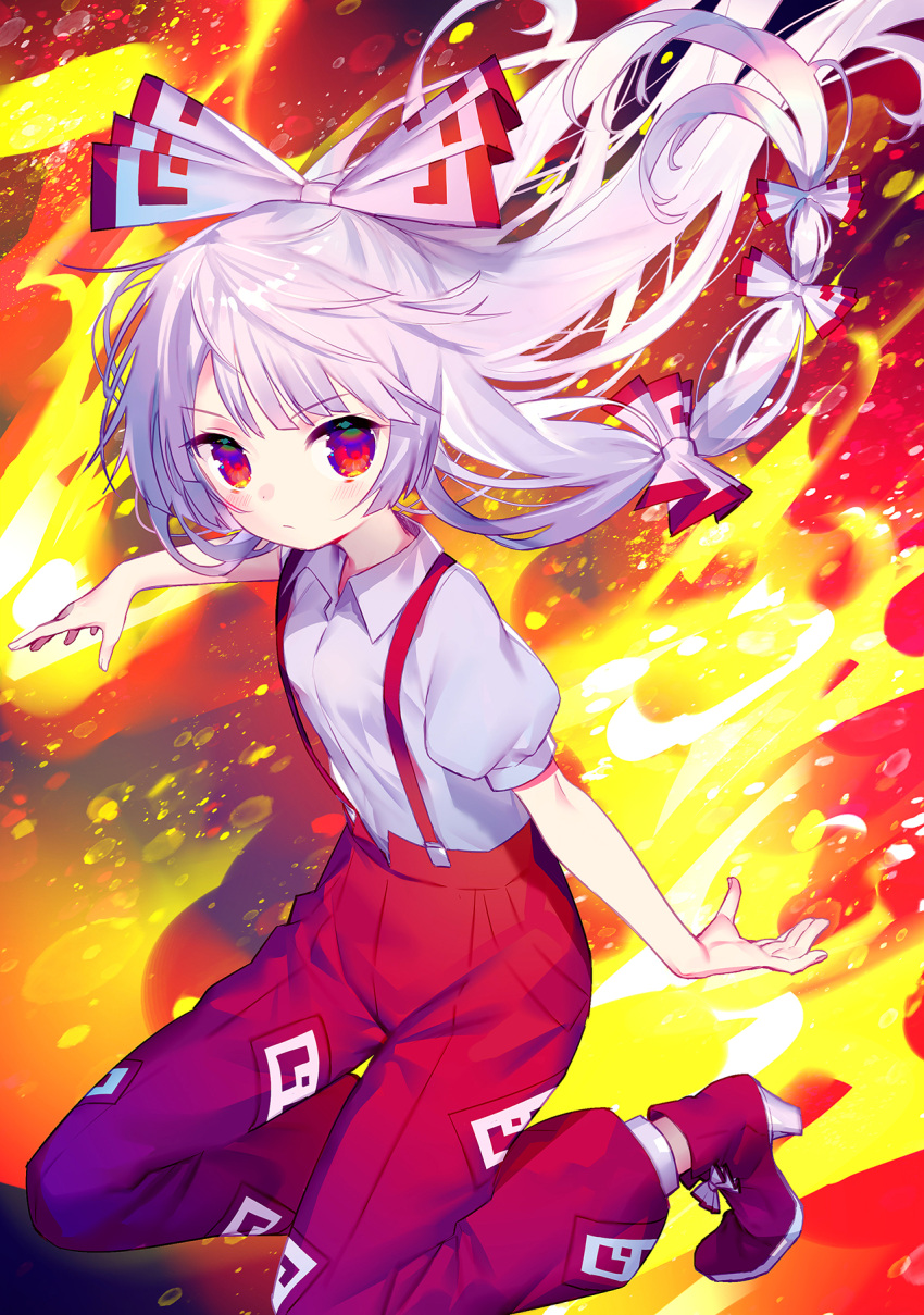 1girl bangs blush bow commentary_request eyebrows_visible_through_hair fire floating_hair fujiwara_no_mokou hair_bow high_heels highres hinasumire long_hair looking_at_viewer ofuda pants puffy_short_sleeves puffy_sleeves red_eyes red_footwear red_pants shirt short_sleeves silver_hair solo suspenders touhou white_bow white_shirt wing_collar