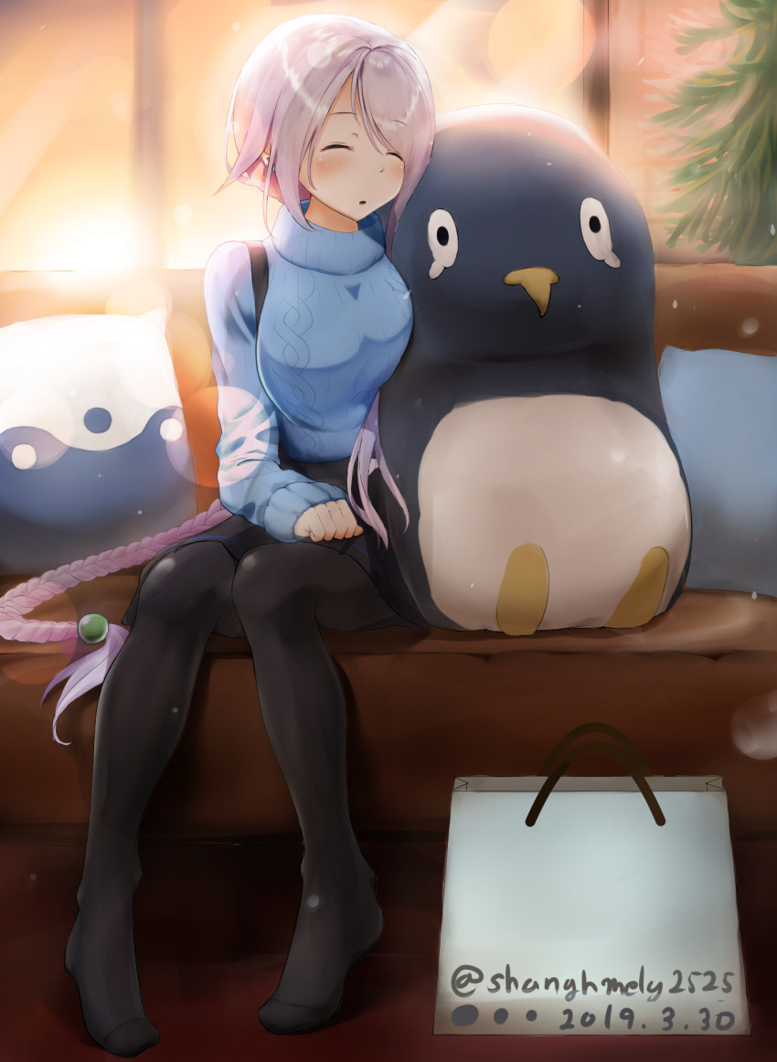 1girl :o backlighting bag bangs black_legwear black_skirt blue_sweater blurry bokeh braided_ponytail breasts commentary_request couch dated depth_of_field eyebrows_visible_through_hair failure_penguin highres indoors kantai_collection large_breasts lavender_hair leaning_on_object long_hair long_ponytail long_sleeves no_shoes pantyhose pillow ribbed_sweater shanghmely shopping_bag sitting skirt sleeping solo stuffed_animal stuffed_penguin stuffed_toy sunset sweater swept_bangs tree turtleneck turtleneck_sweater twitter_username umikaze_(kantai_collection) very_long_hair window