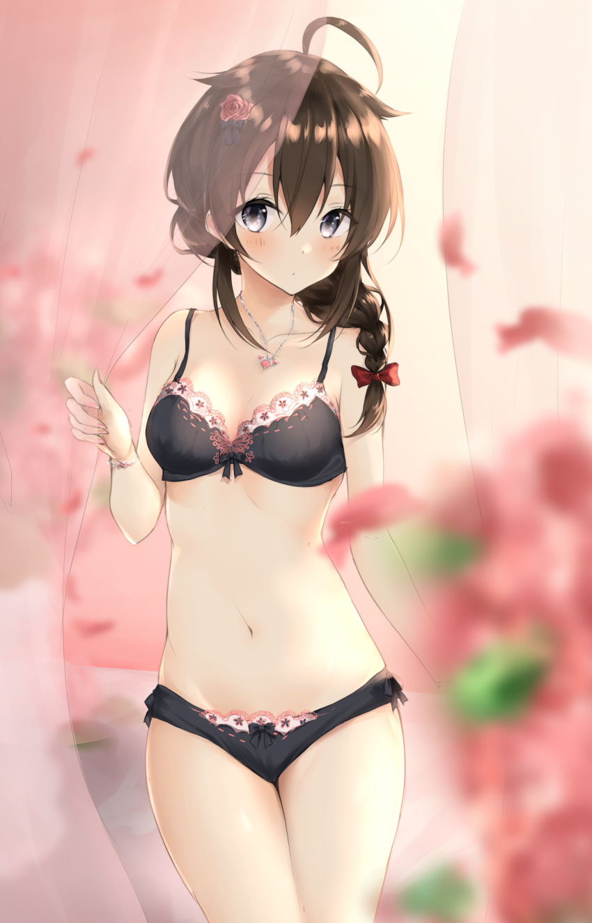 1girl absurdres ahoge black_bra black_hair black_panties blue_eyes blush bra bracelet braid breasts collarbone curtains hair_flaps hair_ornament hair_over_shoulder hair_ribbon highres jewelry kantai_collection long_hair medium_breasts navel necklace panties red_ribbon remodel_(kantai_collection) ribbon ribbon-trimmed_bra ribbon-trimmed_panties see-through shigure_(kantai_collection) single_braid solo stomach underwear underwear_only uzuki_tsukuyo