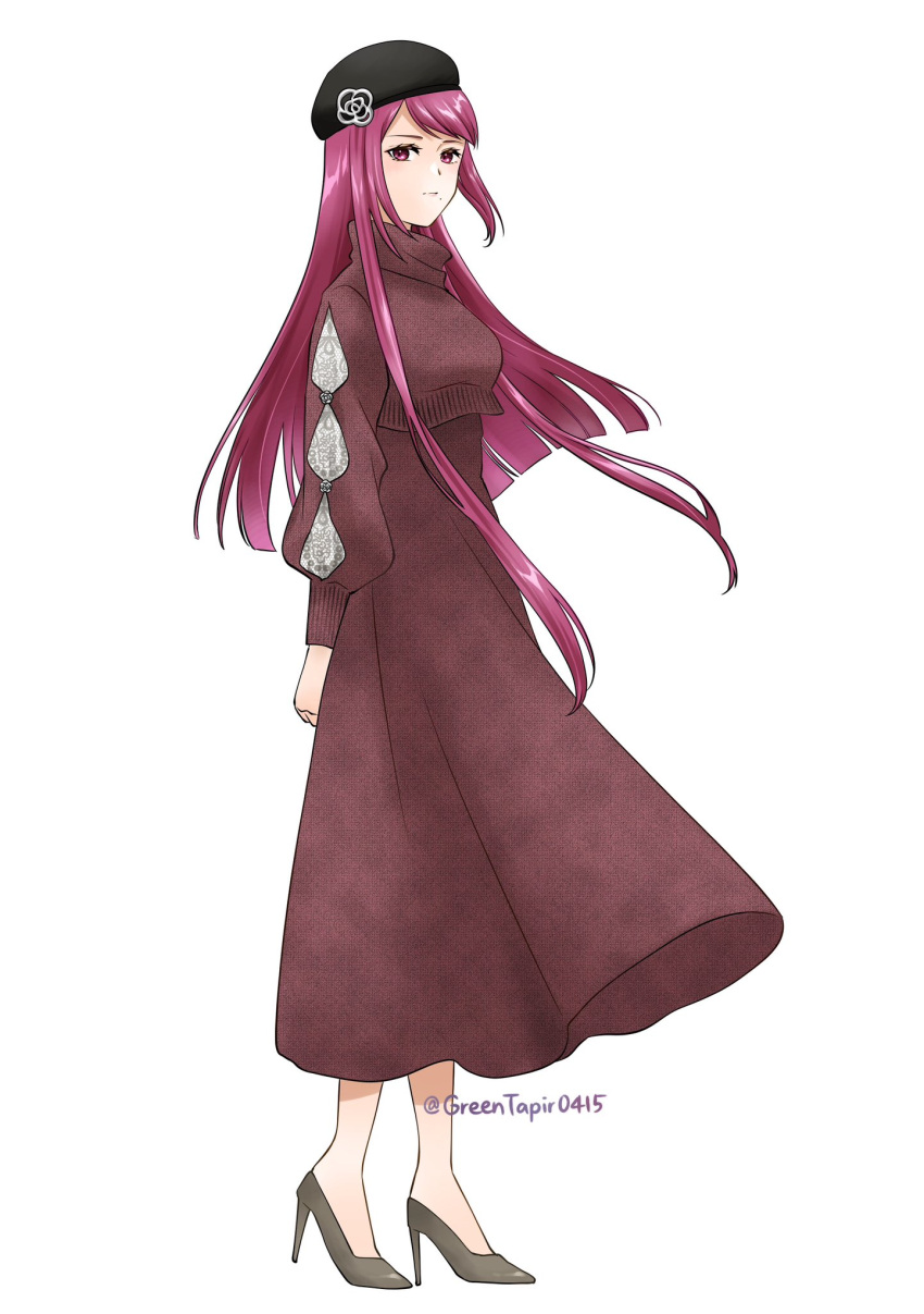 1girl alternate_costume black_headwear brown_dress closed_mouth commentary_request dress eyelashes fire_emblem fire_emblem_engage full_body high_heels highres ivy_(fire_emblem) long_dress long_hair midori_no_baku mole mole_under_mouth pink_eyes purple_hair simple_background solo twitter_username white_background