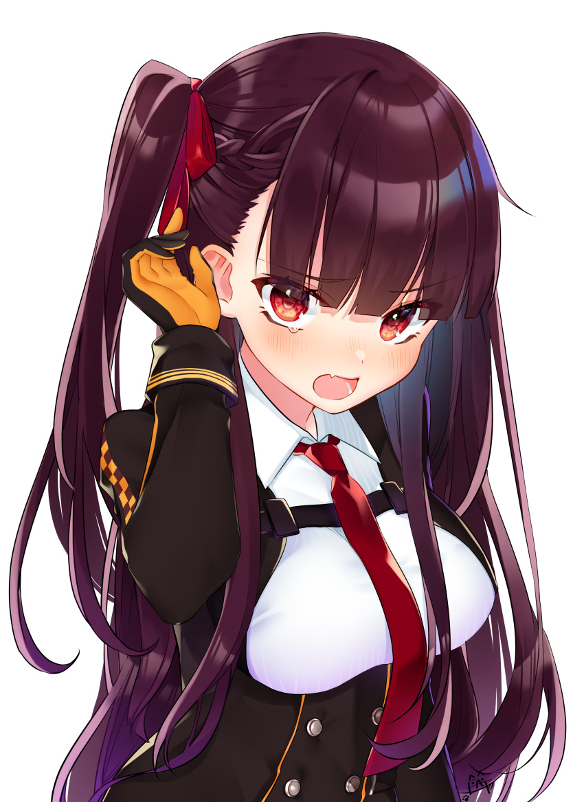 1girl absurdres arm_up bangs blunt_bangs blush breasts collared_shirt commentary_request double-breasted etto_eat eyebrows_visible_through_hair fang girls_frontline gloves hair_ribbon highres long_sleeves looking_at_viewer medium_breasts necktie one_side_up orange_gloves purple_hair red_neckwear red_ribbon ribbon shirt signature simple_background sleeve_cuffs solo upper_body v-shaped_eyebrows violet_eyes wa2000_(girls_frontline) white_background white_shirt wing_collar