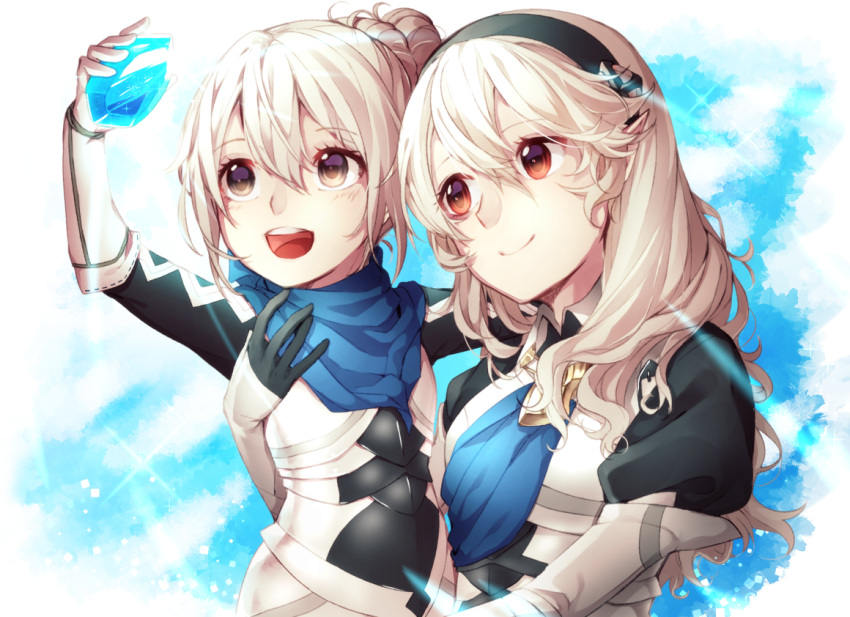 2girls armor black_hairband blue_scarf closed_mouth female_my_unit_(fire_emblem_if) fire_emblem fire_emblem_if hair_bun hairband holding kanna_(female)_(fire_emblem_if) kanna_(fire_emblem_if) long_hair multiple_girls my_unit_(fire_emblem_if) nintendo open_mouth pointy_ears red_eyes scarf smile stone tida_2112 upper_body white_hair