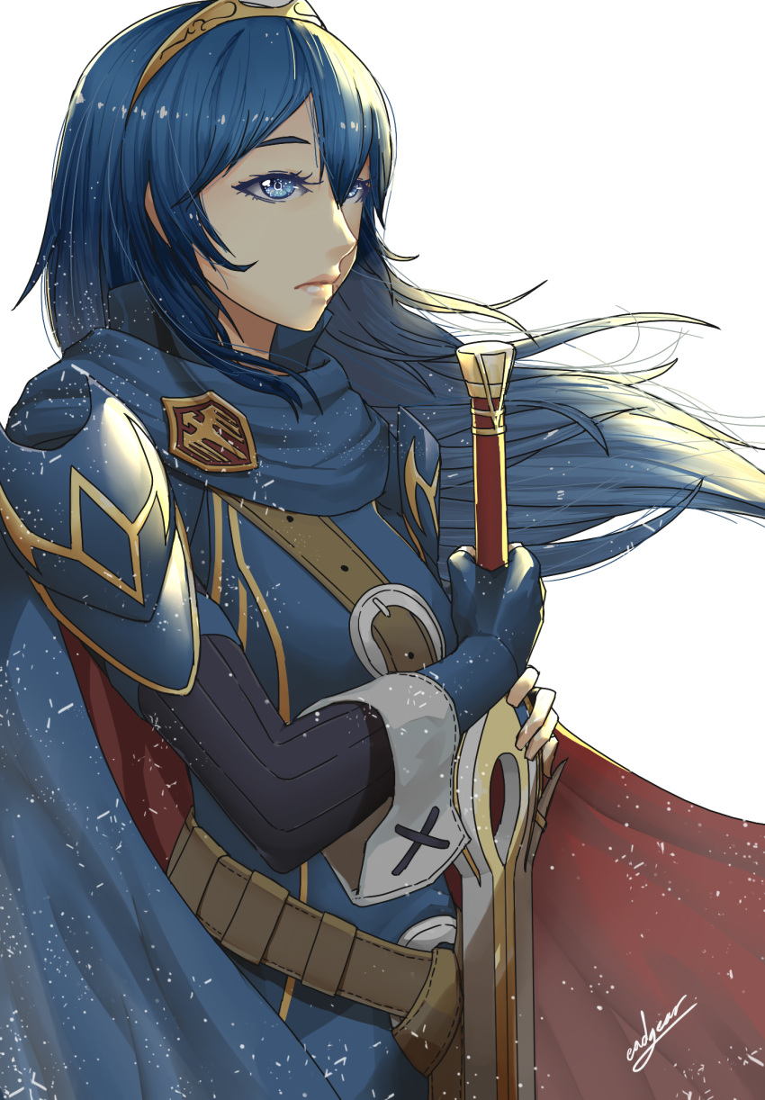 1girl armor artist_name belt belt_buckle blue_eyes blue_hair bodysuit buckle cape eadgear fire_emblem fire_emblem:_kakusei hair_between_eyes highres long_hair lucina nintendo pauldrons planted_sword planted_weapon signature solo sword weapon white_background