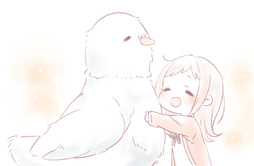 1girl :d =_= animal animal_hug bangs bird black_ribbon blush brown_hair brown_jacket chibi closed_eyes forehead highres idolmaster idolmaster_shiny_colors jacket long_hair long_sleeves minigirl neck_ribbon open_clothes open_jacket open_mouth pigeon ribbon sakuragi_mano shirt sleeves_past_wrists smile solo sorimachi-doufu white_shirt