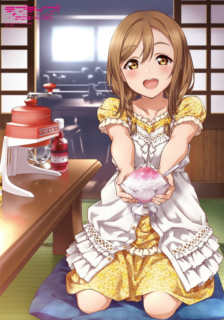 1girl alternate_hairstyle bangs bottle braid chair dress eyebrows_visible_through_hair flower food_coloring frill_trim glass_bowl hair_between_eyes hair_flower hair_ornament highres indoors inou_shin kitchen kunikida_hanamaru light_brown_hair living_room looking_at_viewer love_live! love_live!_sunshine!! machinery official_art open_mouth pillow presenting seiza shaved_ice short_sleeves sidelocks sitting smile sunlight table twin_braids window yellow_dress yellow_eyes